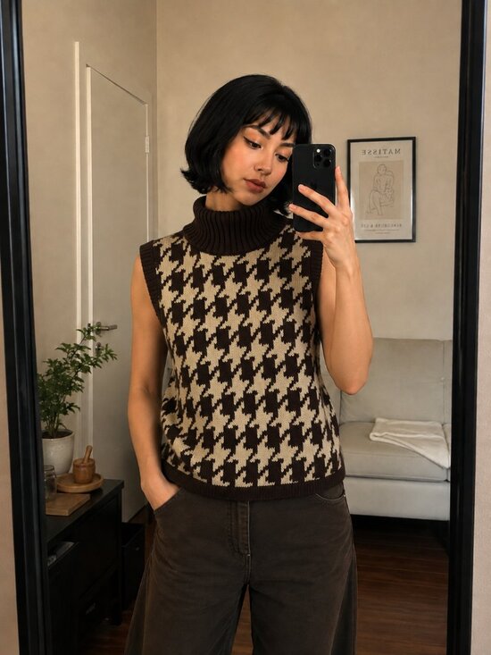 Mixit Sweaters - Vintage Mixit Brown and Cream Houndstooth Turtleneck Sweater